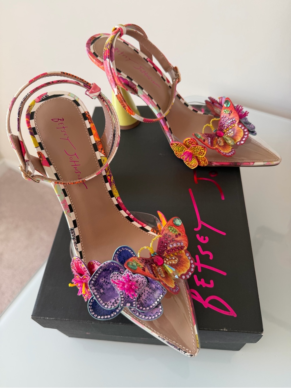 Betsey Johnson colorful Floral Appliqué pointed toe block Heels - Picture 13 of 14